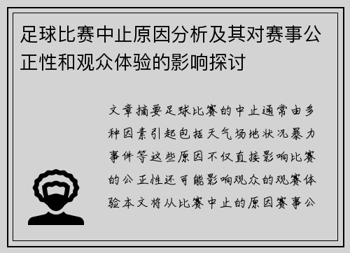 足球比赛中止原因分析及其对赛事公正性和观众体验的影响探讨